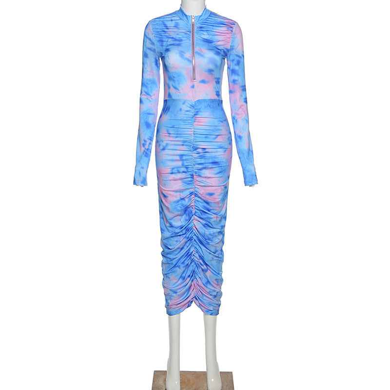 Zipper Tye-Dyed Ruched Dress