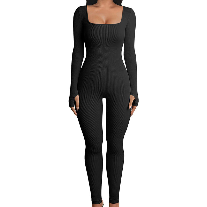 Seamless Ribbed Jumpsuit - Black/Cream/Brown