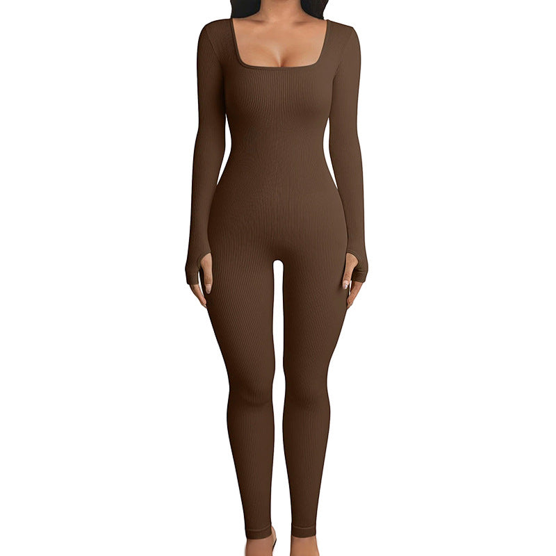 Seamless Ribbed Jumpsuit - Black/Cream/Brown