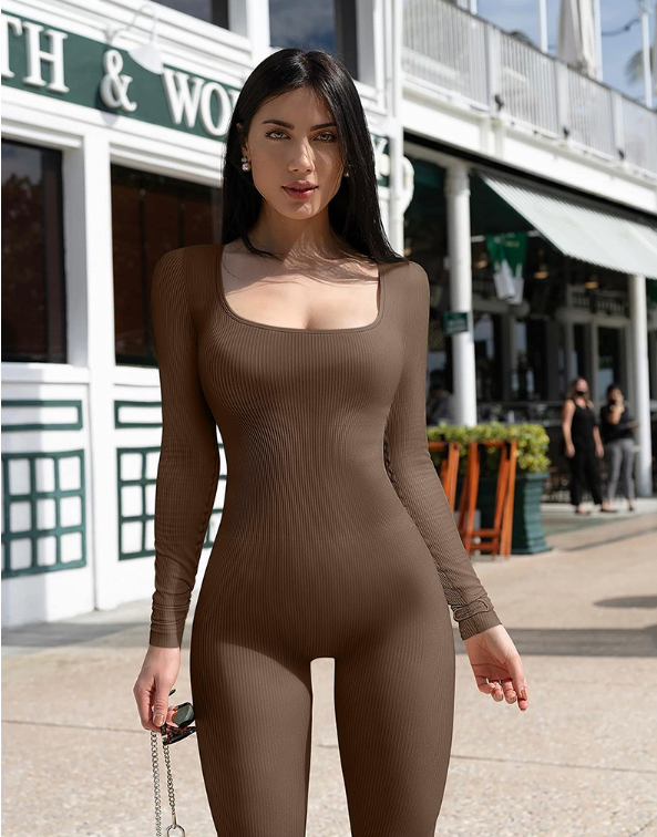 Seamless Ribbed Jumpsuit - Black/Cream/Brown